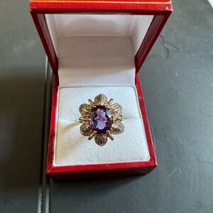 14 K genuine, purple, amethyst and diamond ring